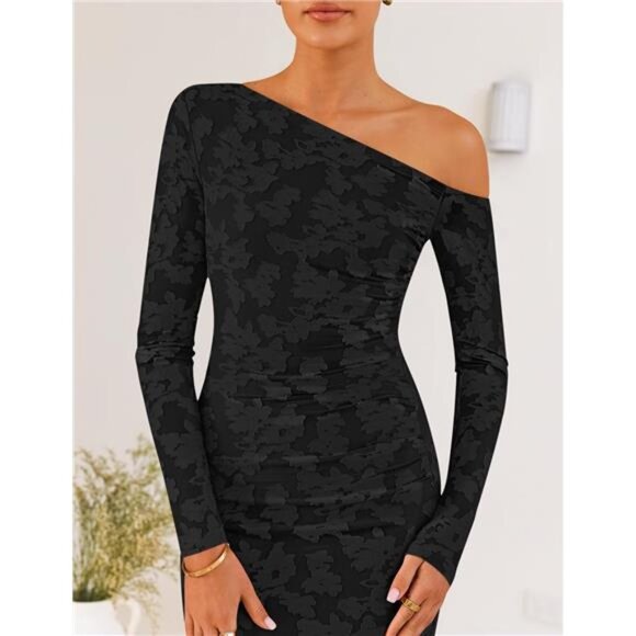 Women's Floral Off Shoulder Bodycon Maxi Dress Black - Picture 5 of 6